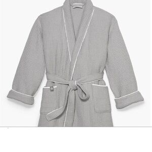 Boll and Branch large organic cotton waffle tie robe tan/taupe